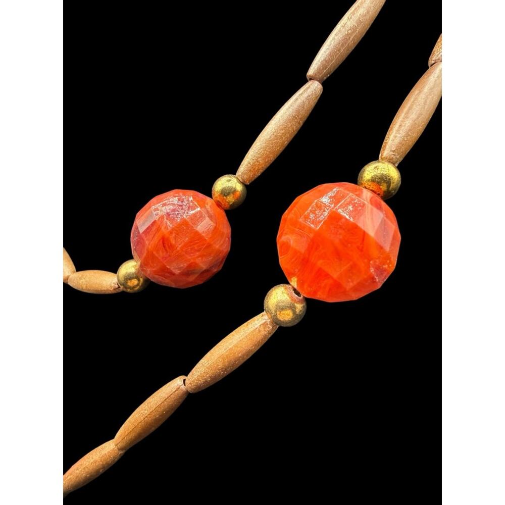 Bold Orange Bead and Wood Double Strand Long Station Necklace - Picture 4 of 5